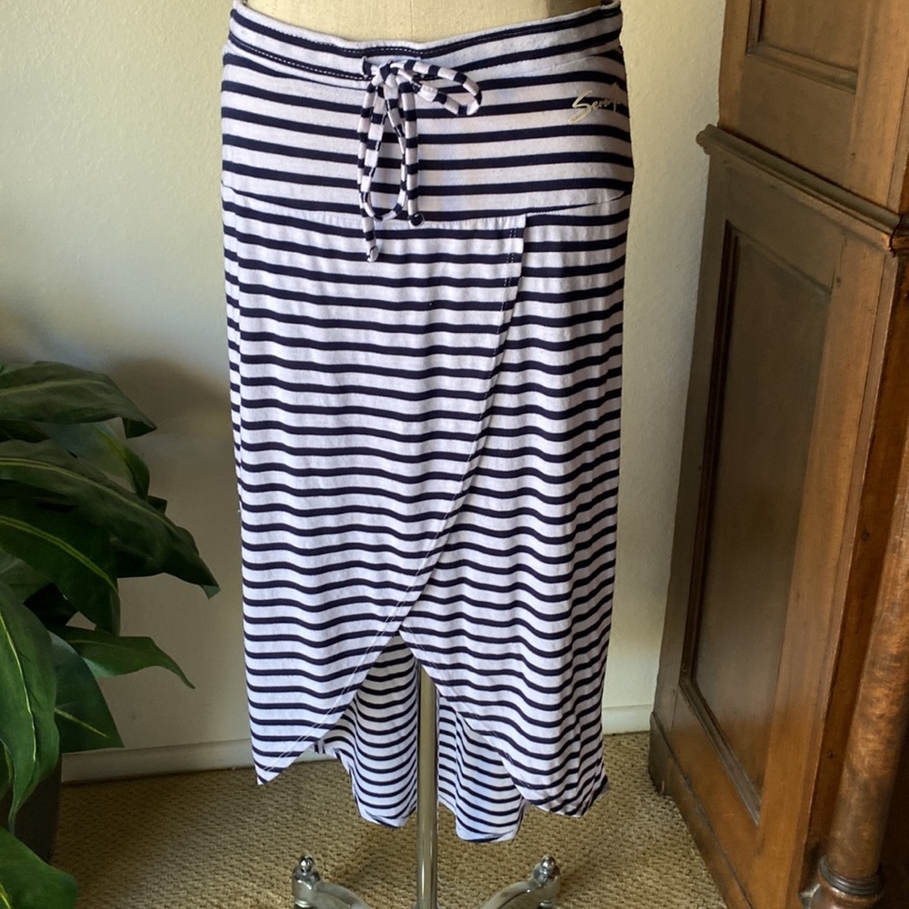 Navy and White Striped Elastic Waist Summer Skirt